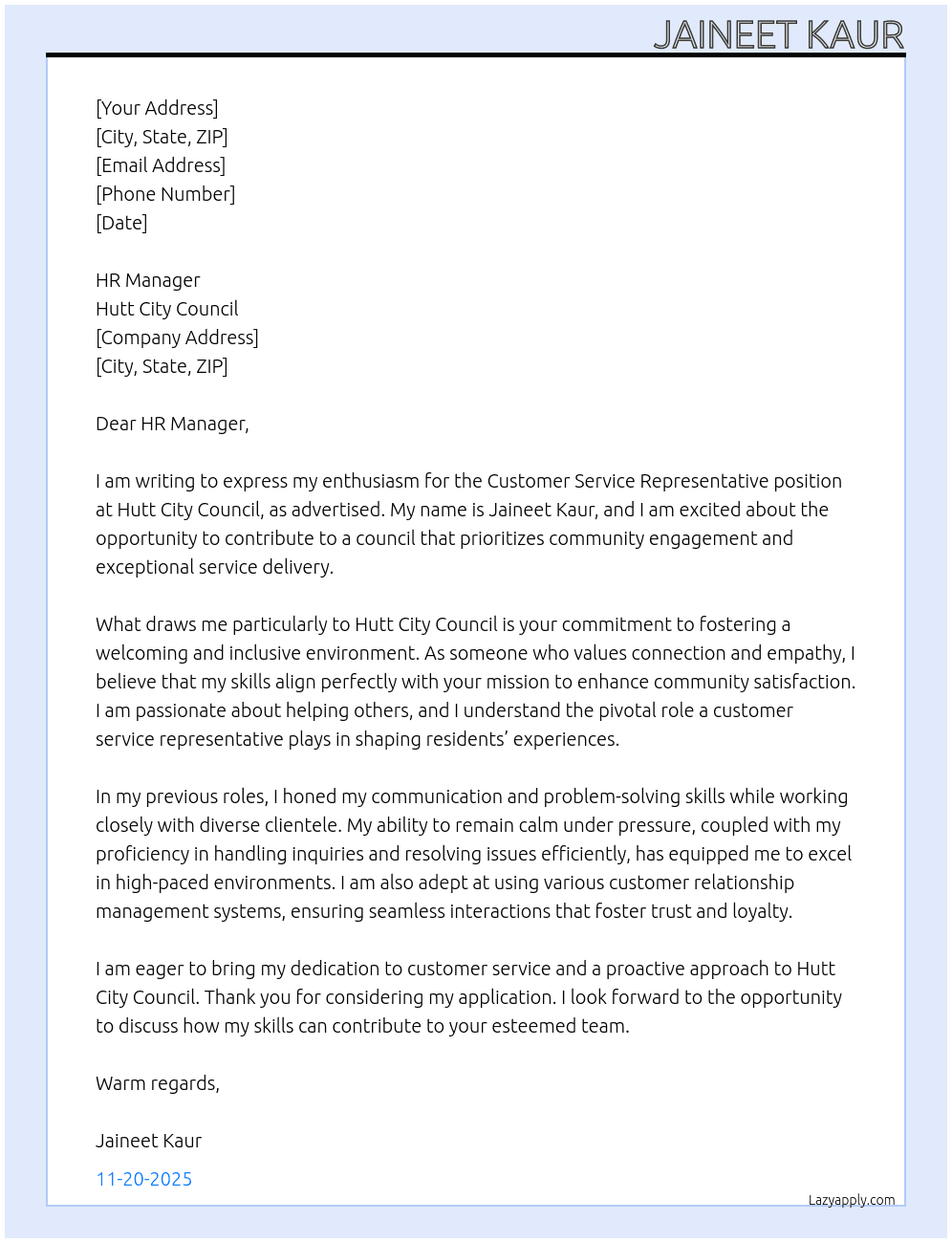 Customer Service Representative At Hutt City Council Cover Letter
