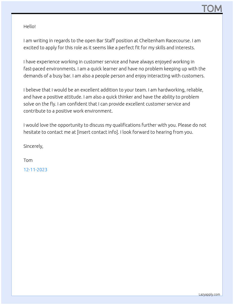 Bar Staff At Cheltenham Racecourse Cover Letter