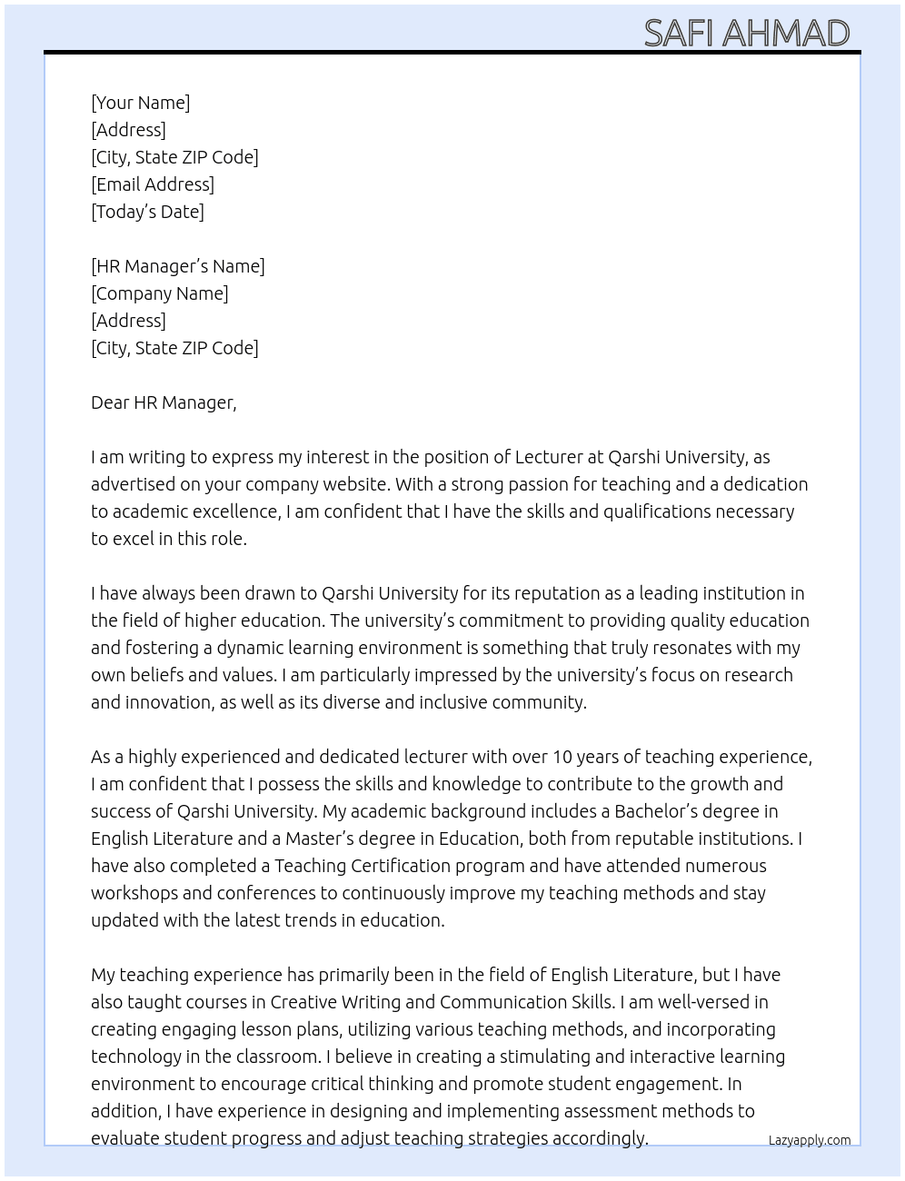Lecturer  At Qarshi University  Cover Letter