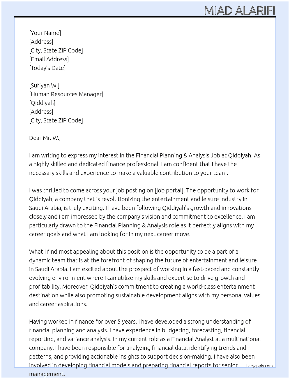 Financial Planning & Analysis Job At Qiddiyah Cover Letter