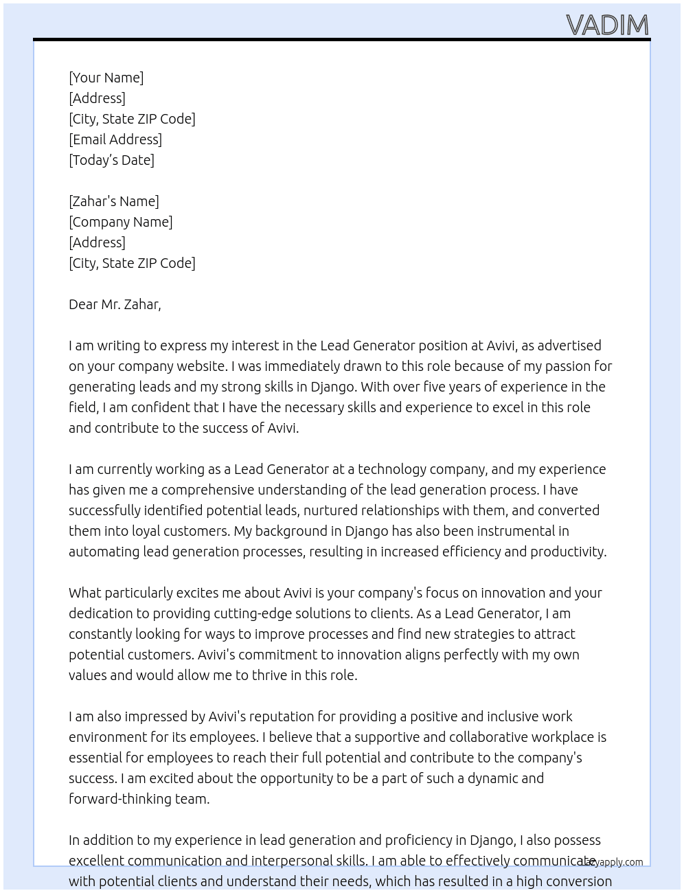 Lead generator At Avivi Cover Letter