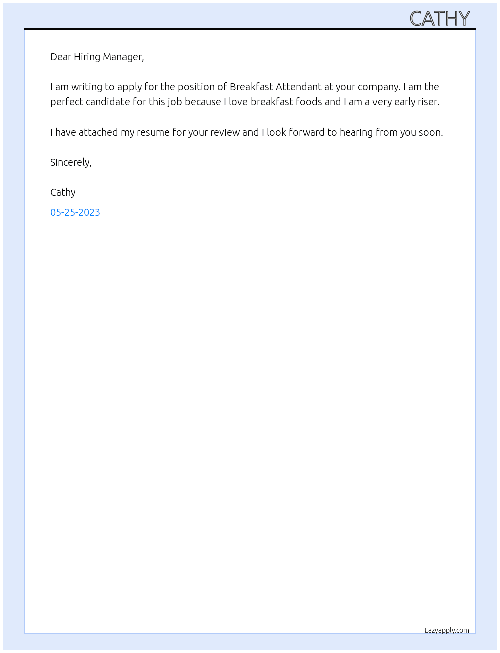 Breakfast Attendant  At JOHNSON HIRING MANAGER  Cover Letter