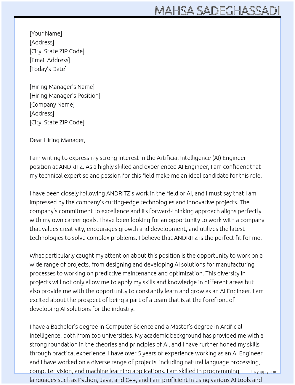 Artificial Intelligence (AI) Engineer At ANDRITZ  Cover Letter