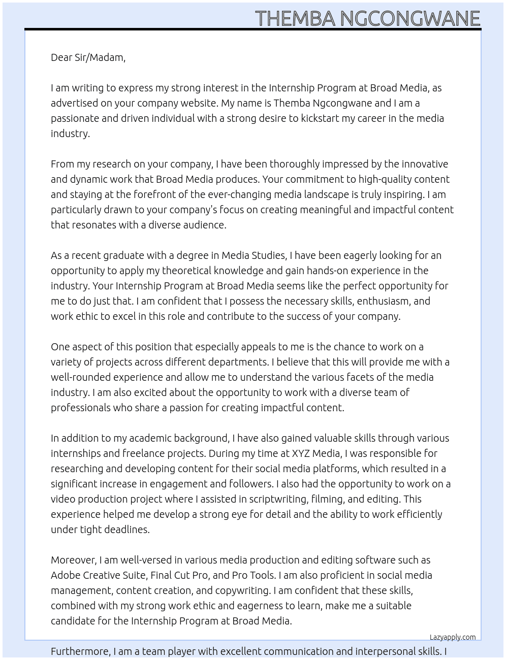 Internship Program  At Broad Media Cover Letter