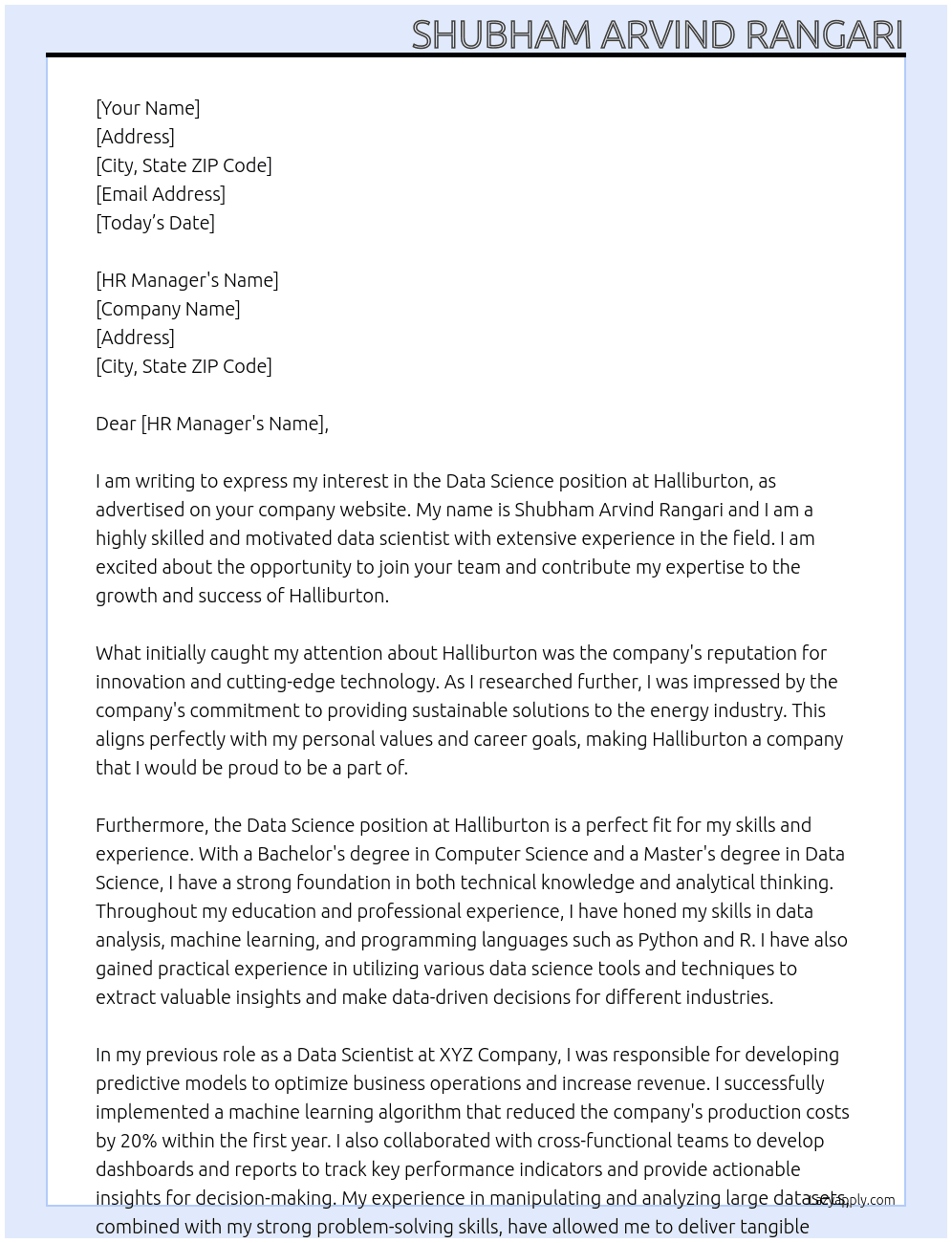 Data Science At Halliburton  Cover Letter