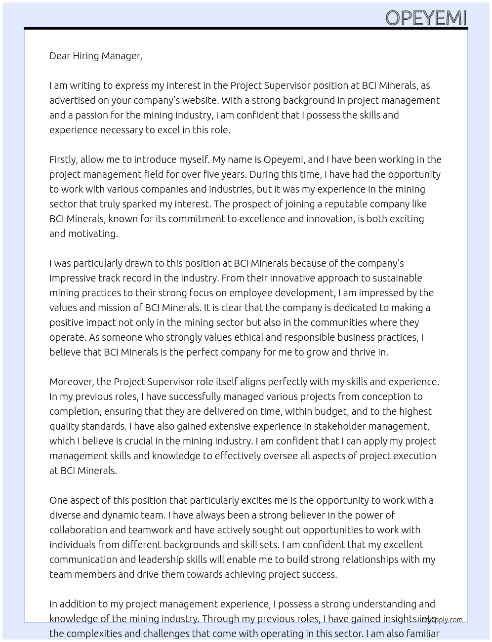 Project supervisor At BCI Minerals Cover Letter