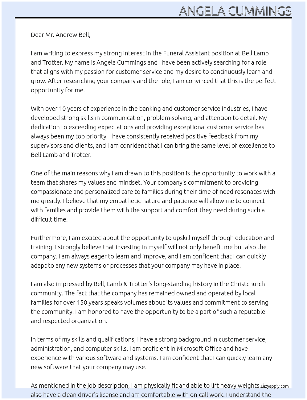 Funeral Assistant At Bell Lamb and Trotter Cover Letter