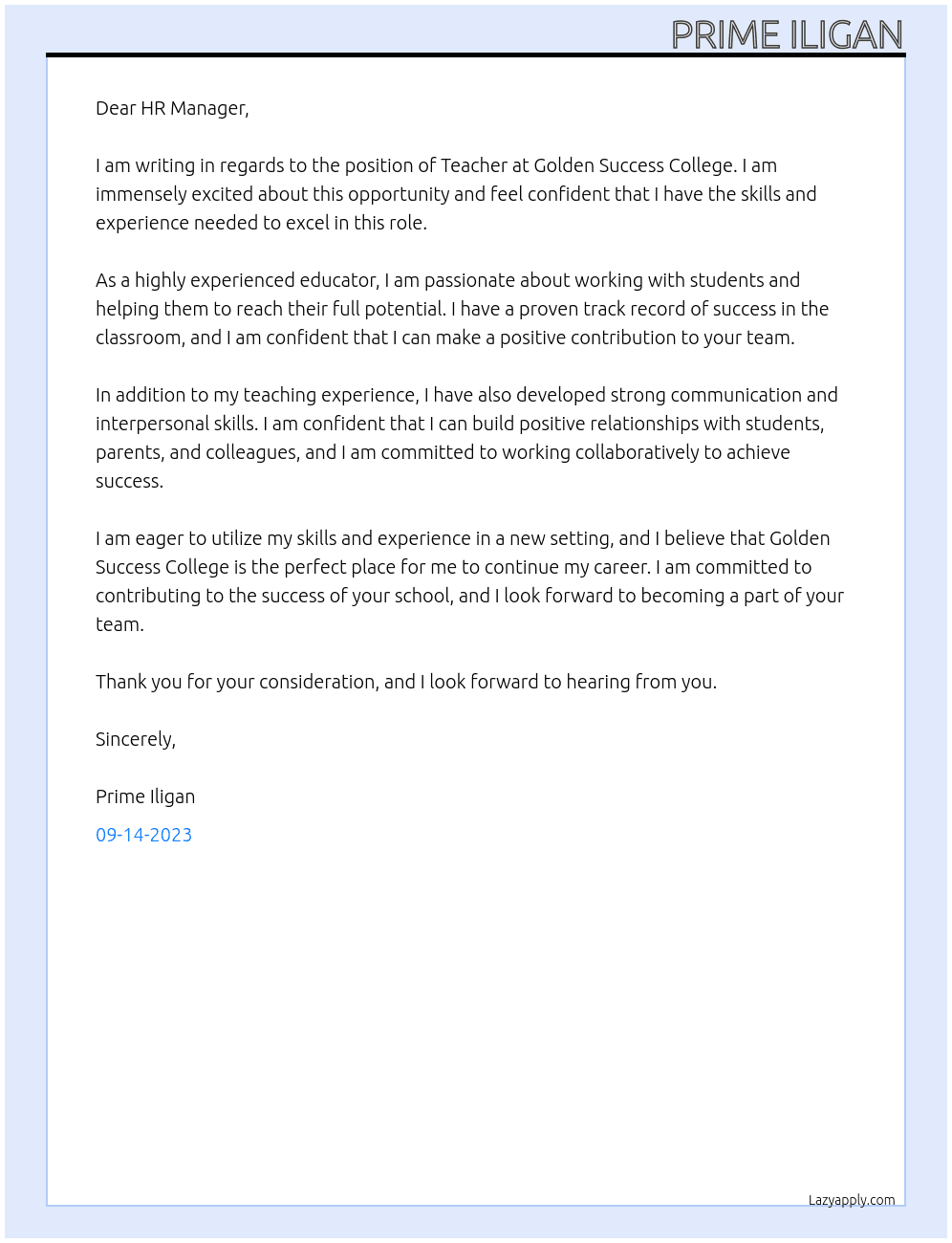 Teacher At Golden Success College  Cover Letter