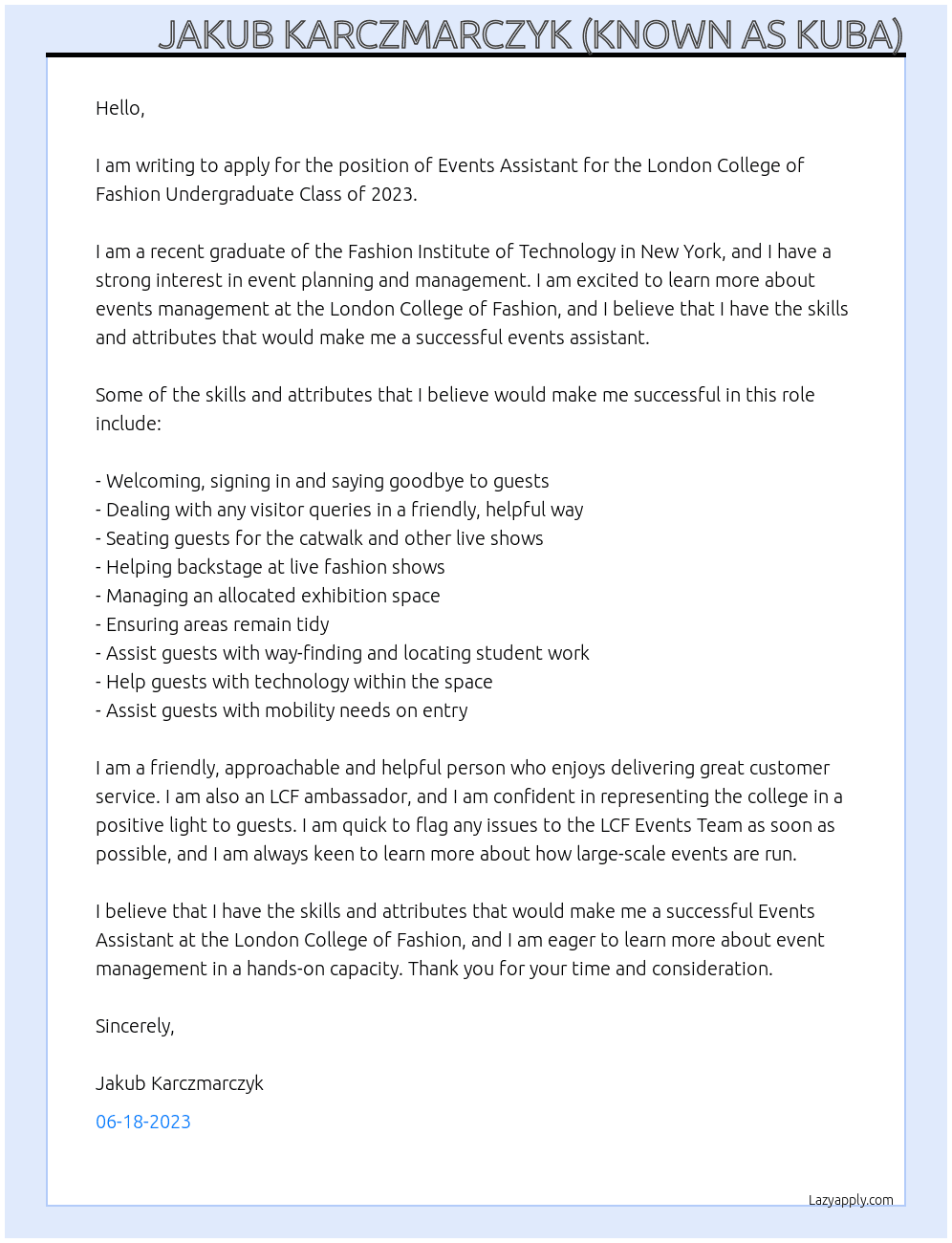 Events Assistant for London College of Fashion Undergraduate Class of 2023 At London College of Fashion Cover Letter