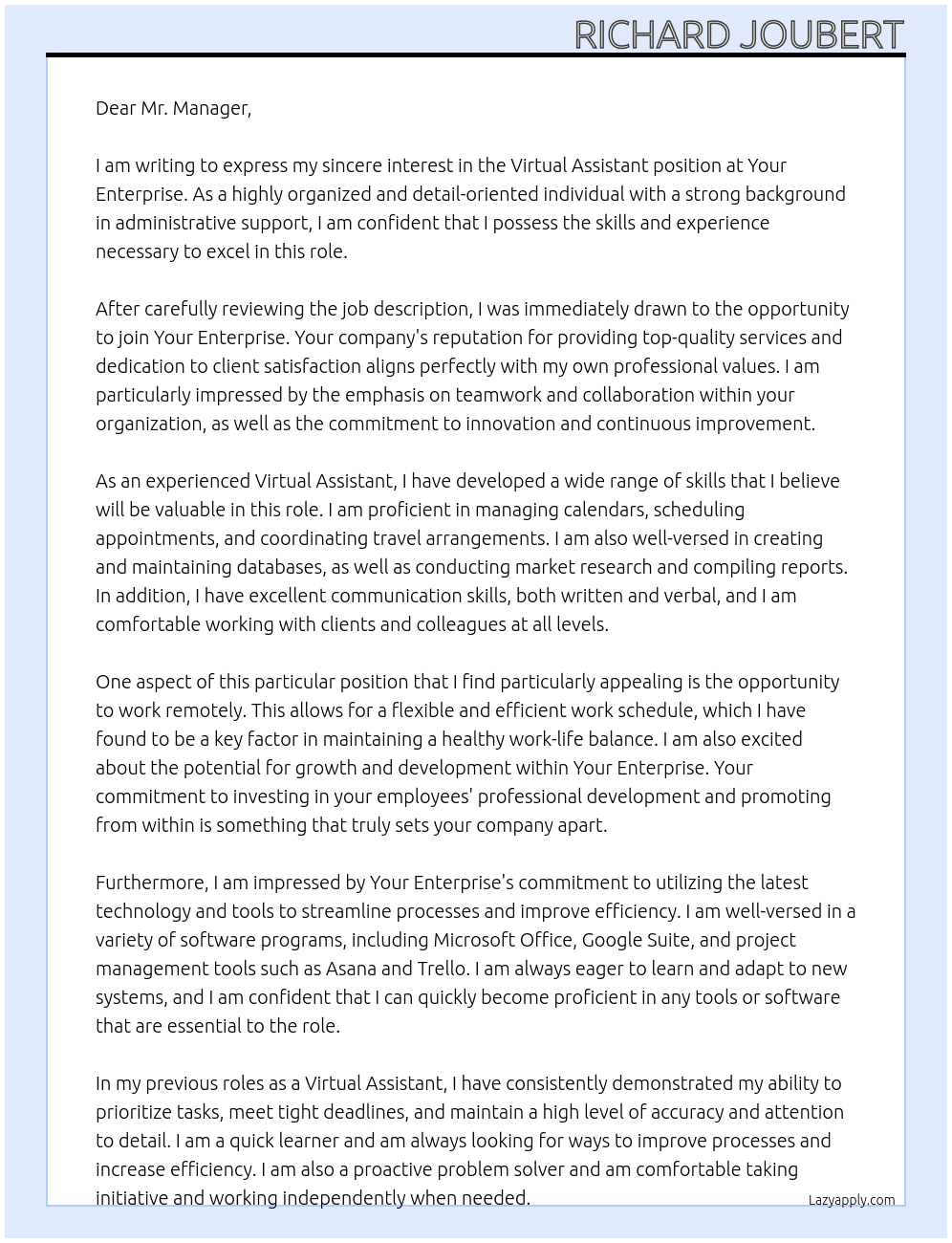 Virtual Assistant At Your Enterprise Cover Letter