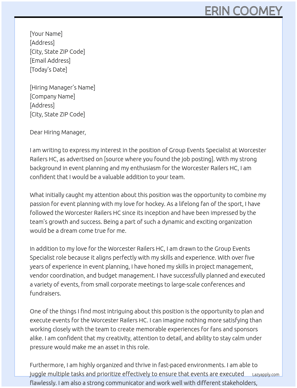 Group Events Specialist At Worcester Railers HC Cover Letter
