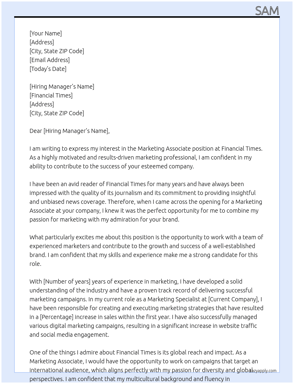 Marketing Associate At Financial Times Cover Letter
