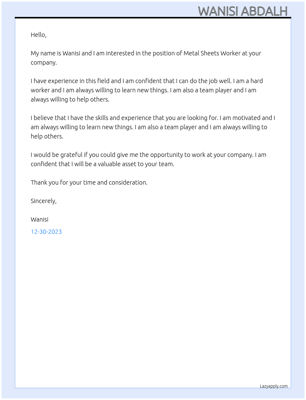 عامل صفائح معدنية  At شركه فلين للمعادن  Cover Letter
