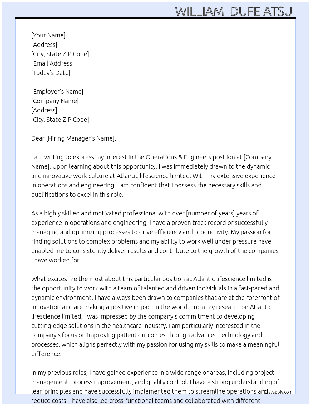 Operations & engineers At Atlantic lifescience limited. Cover Letter