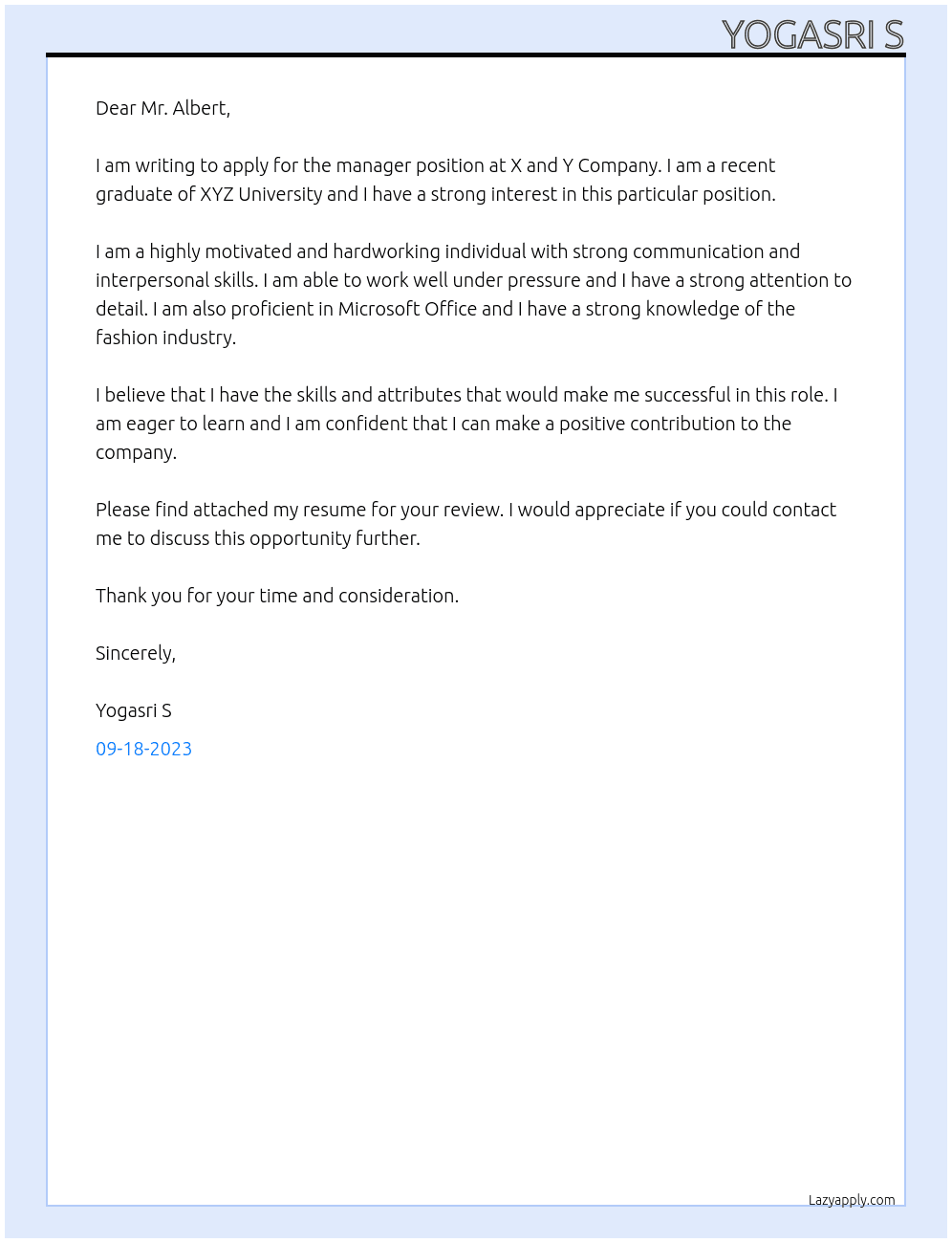 manager At x and y company Cover Letter