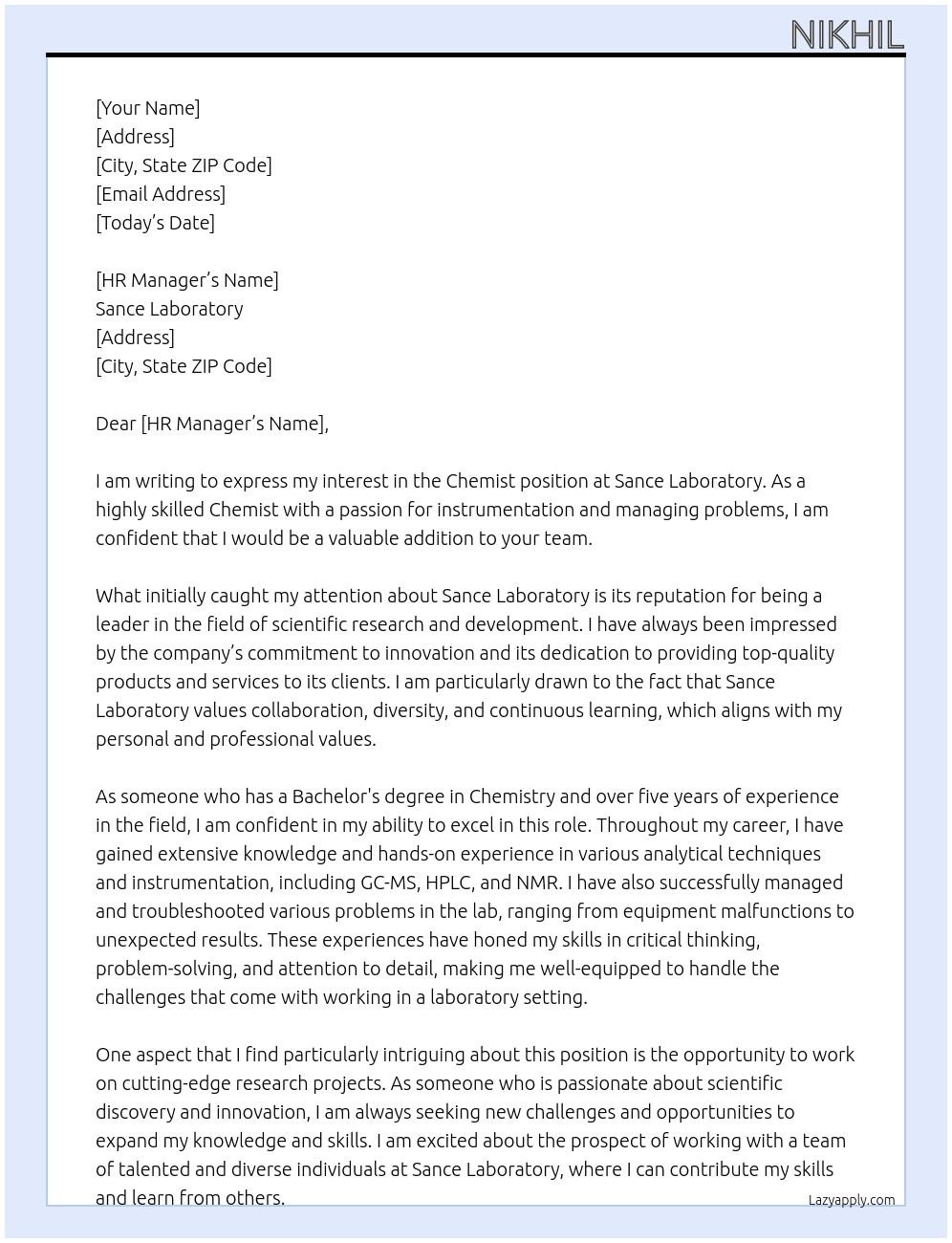 Chemist  At Sance laboratory  Cover Letter