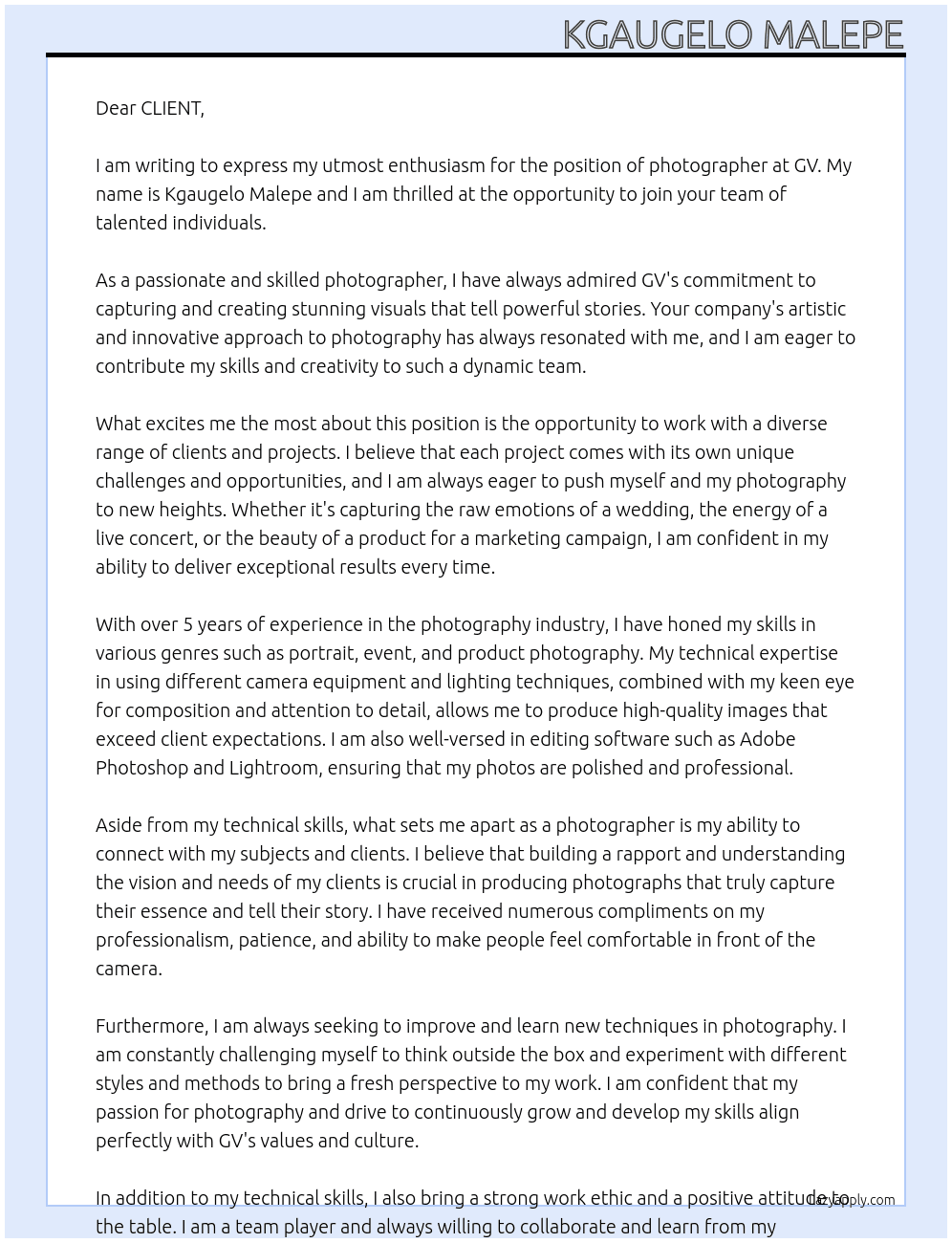 photographer  At GV Cover Letter