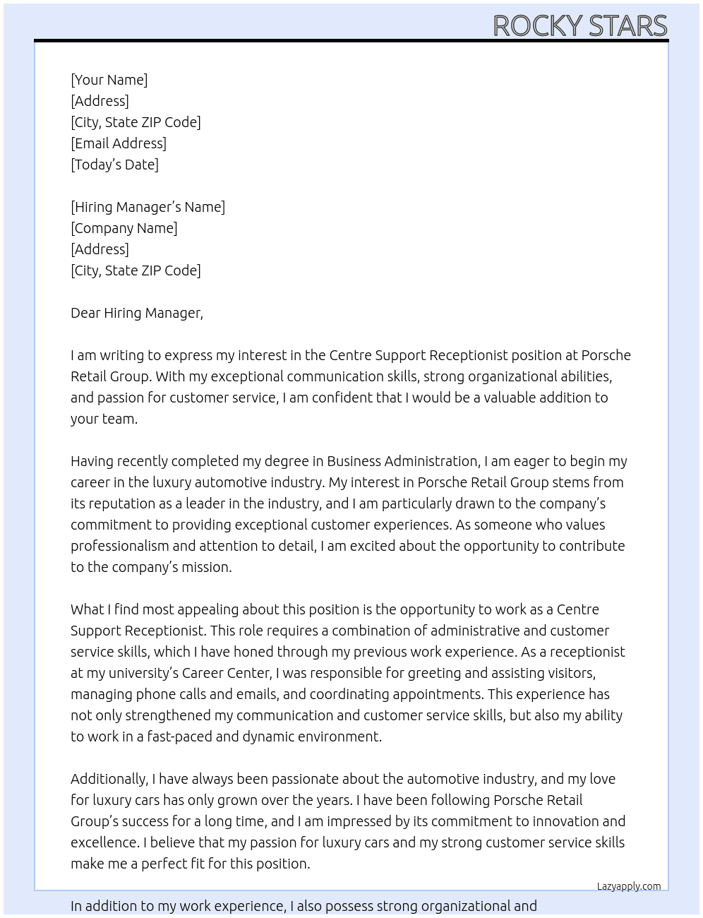 Centre Support Receptionist At Porsche Retail Group Cover Letter