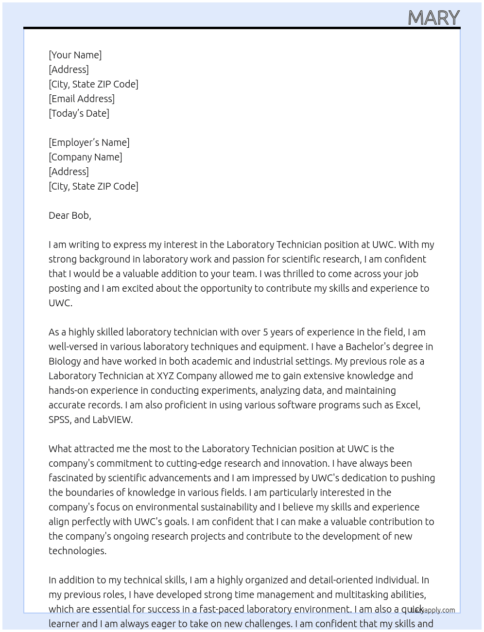 Laboratory Technician At UWC Cover Letter