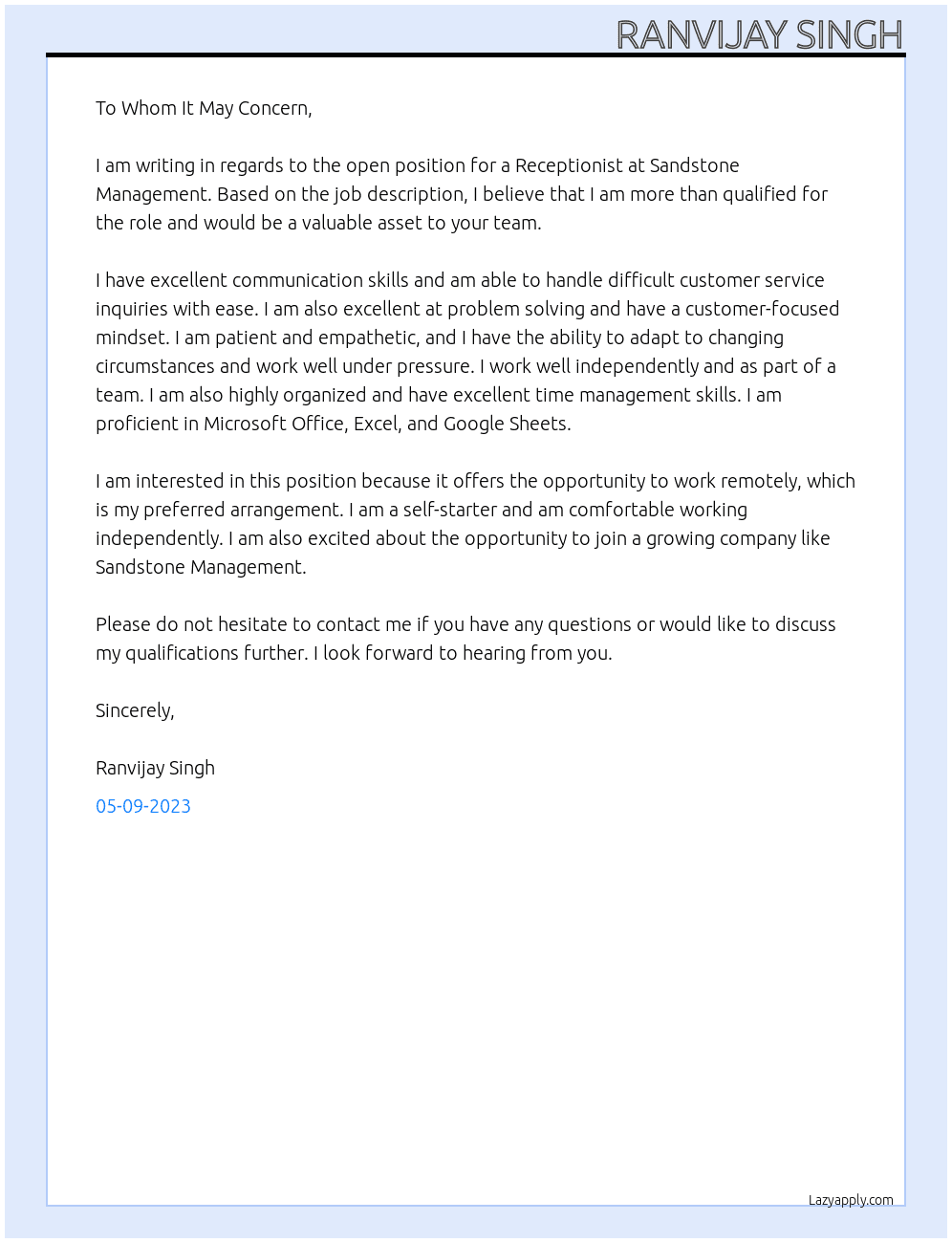 Receptionist At Sandstone Management Cover Letter