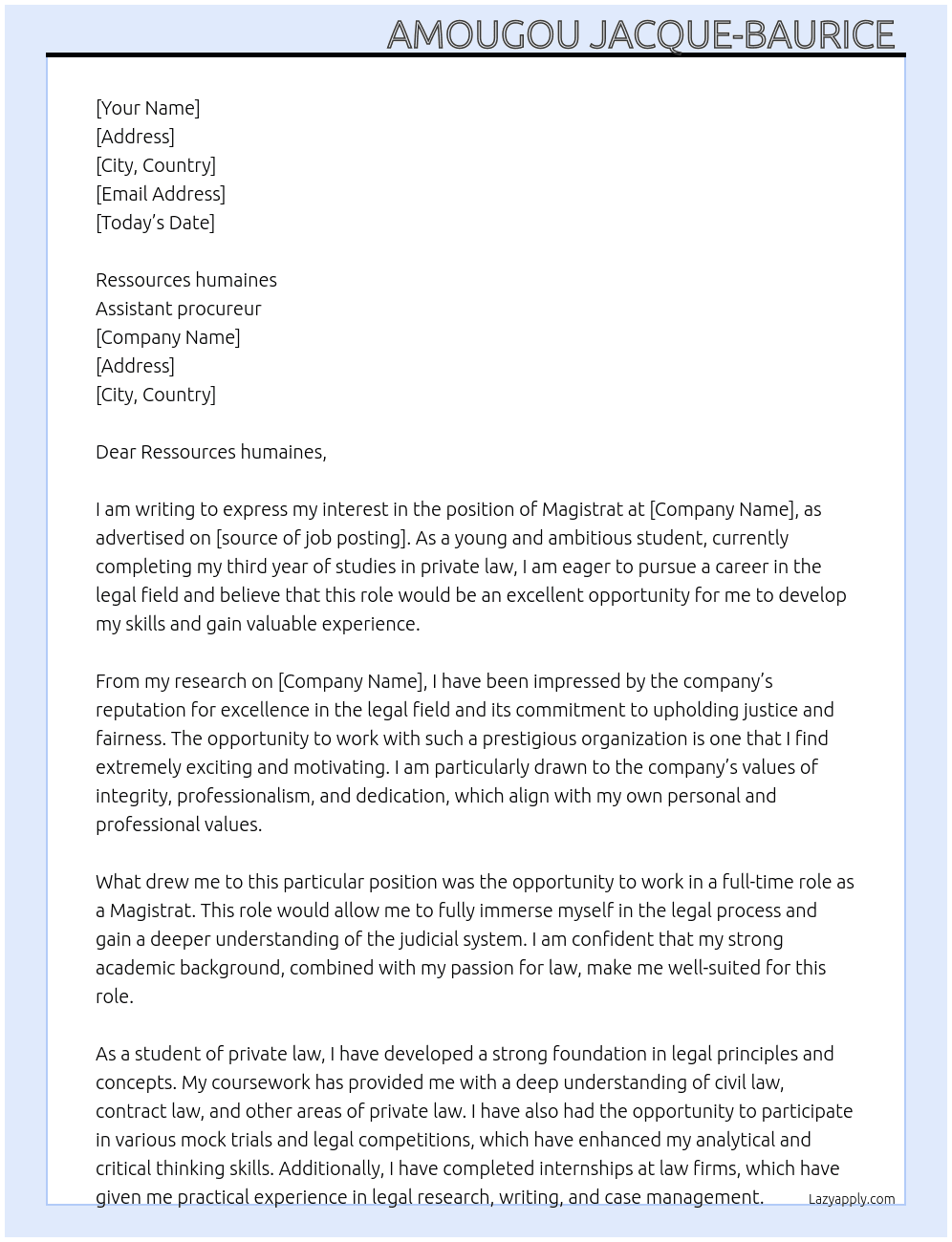 Magistrat  At Assistant procureur  Cover Letter