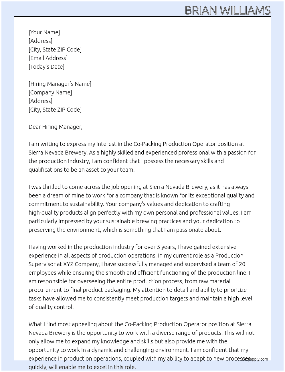 Co-Packing Production Operator At Sierra Nevada Brewery Cover Letter