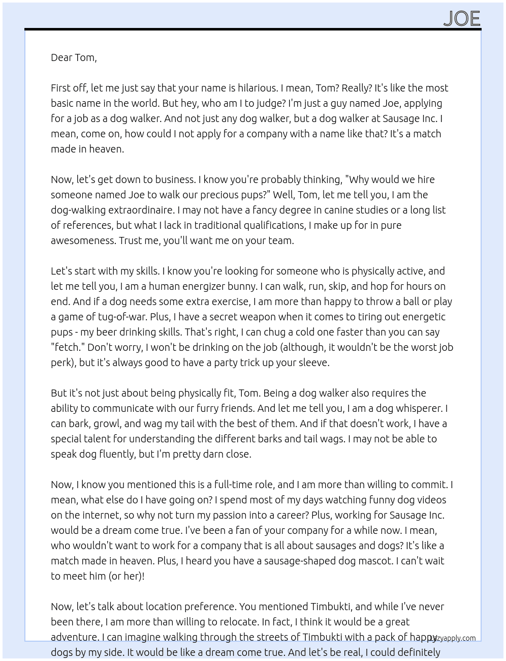 Dog Walker At Sausage Inc Cover Letter