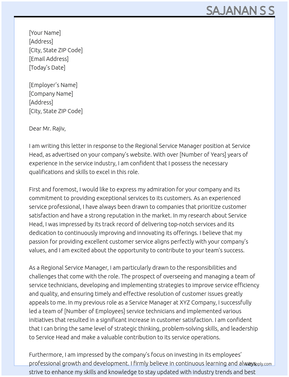 Regional Service Manager At Service Head Cover Letter