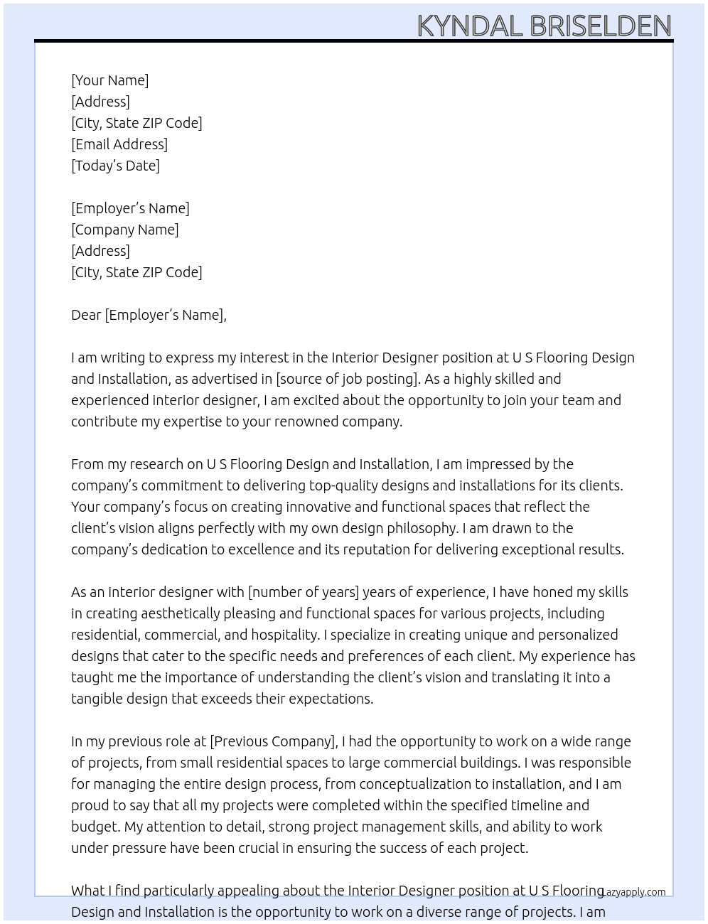 Interior designer At U S Flooring Design And Installation Cover Letter