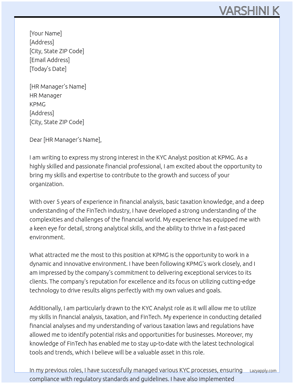 Kyc analyst  At KPMG  Cover Letter