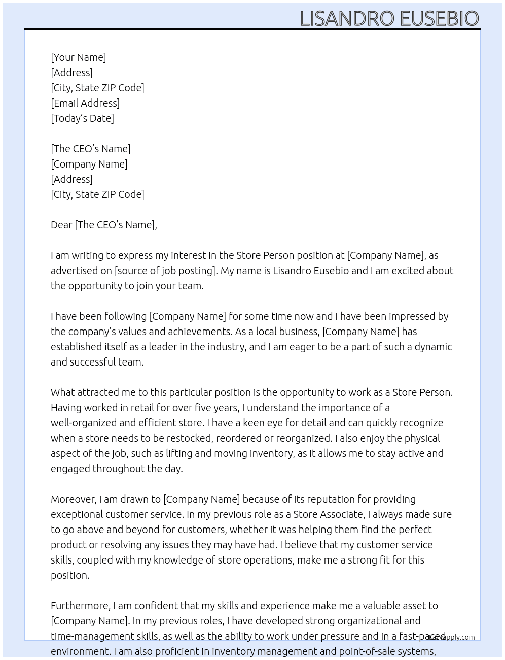 Store Person At Company Cover Letter