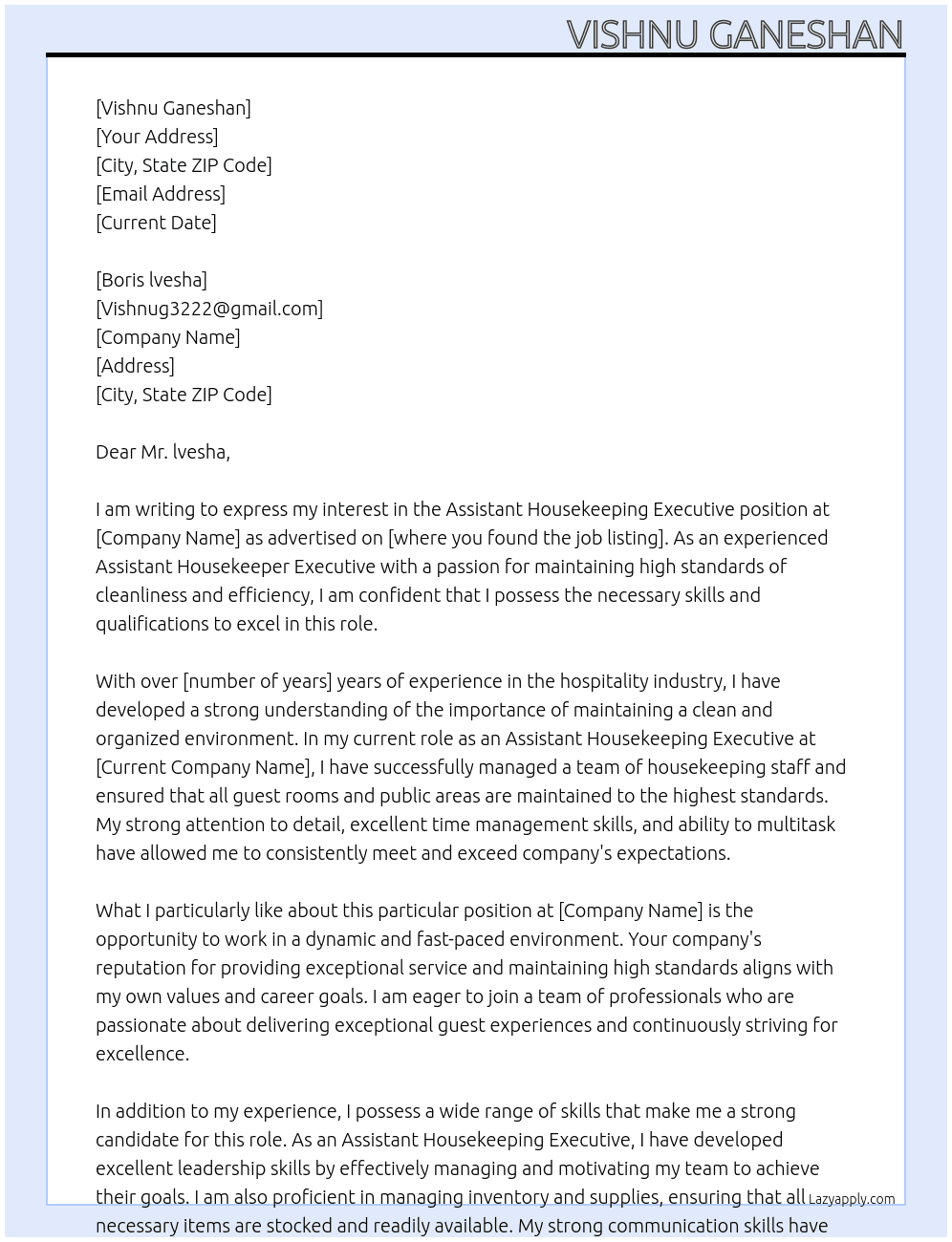 Assistant housekeeping excecutive At Vishnug3222@gmail.com Cover Letter