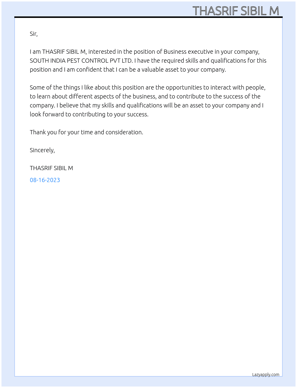 Business executive  At SOUTH INDIA PEST CONTROL PVT LTD  Cover Letter
