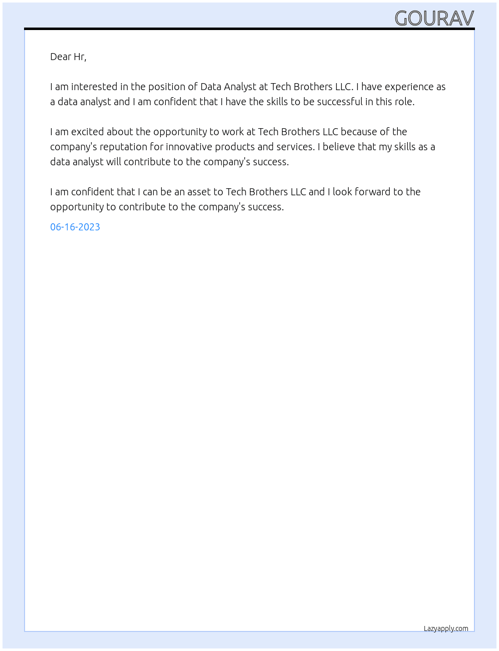 Data Analyst At Tech Brothers LLC Cover Letter