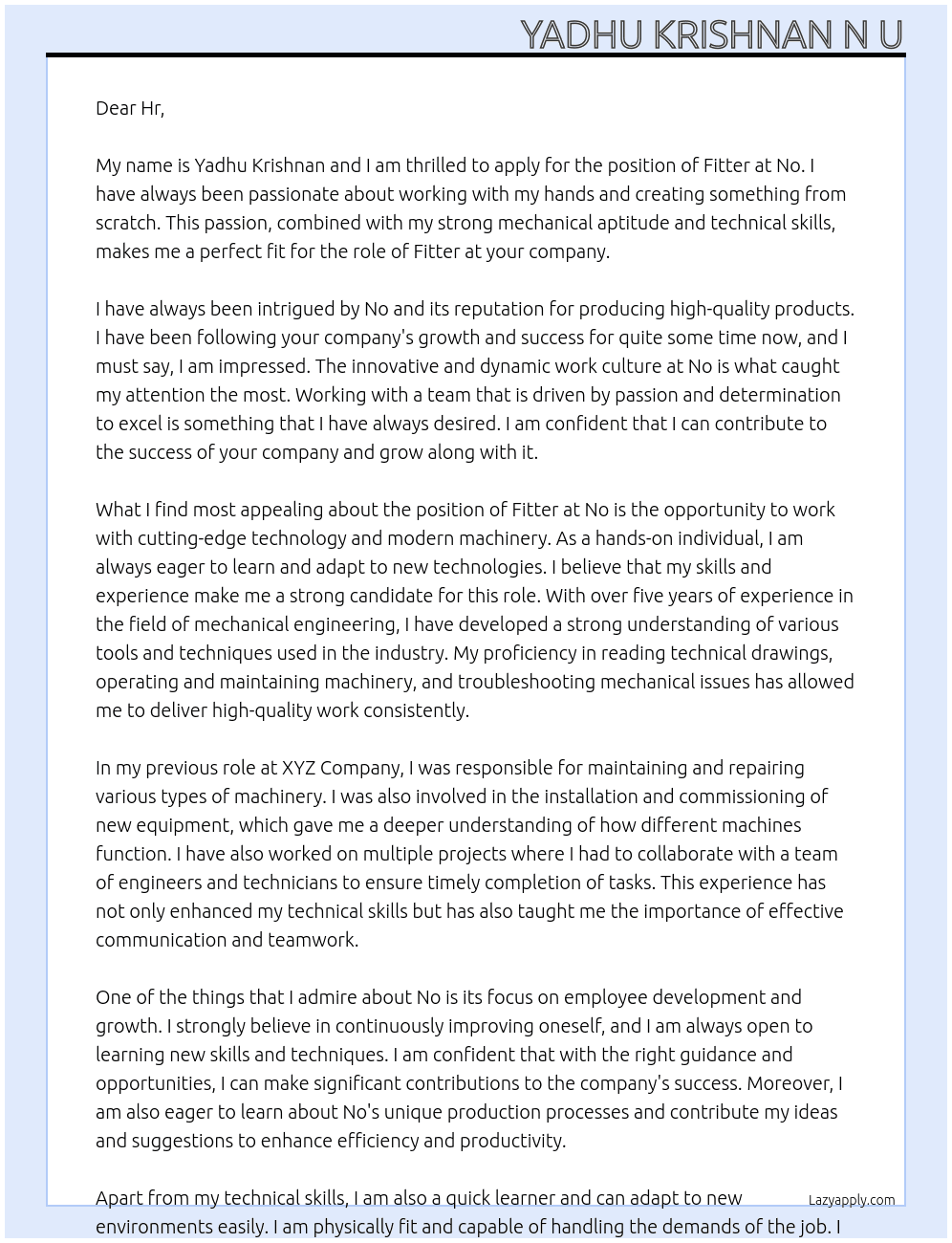 Fitter At No Cover Letter