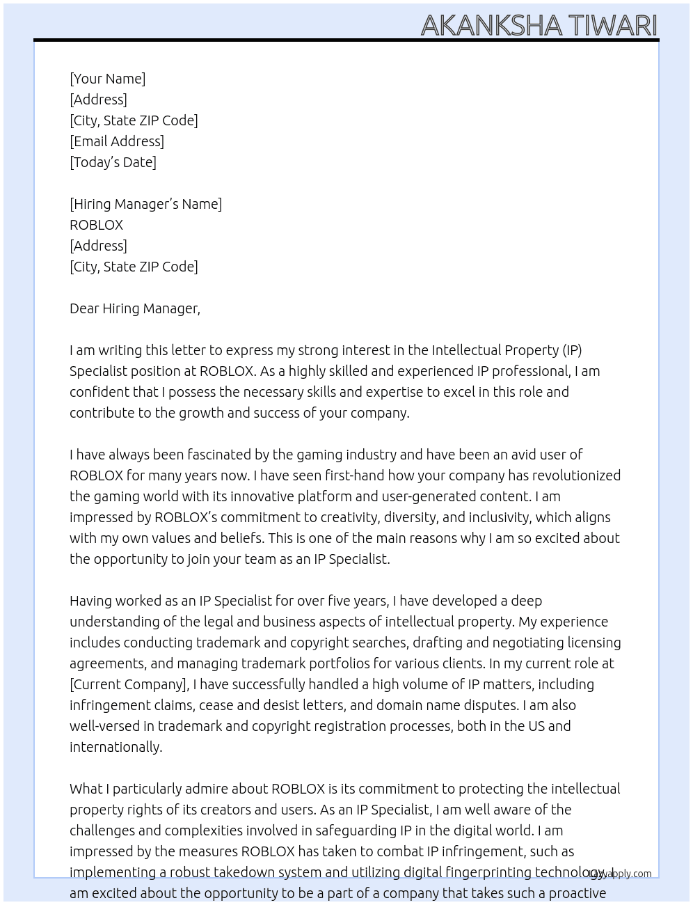Intellectual Property (IP) Specialist At ROBLOX Cover Letter