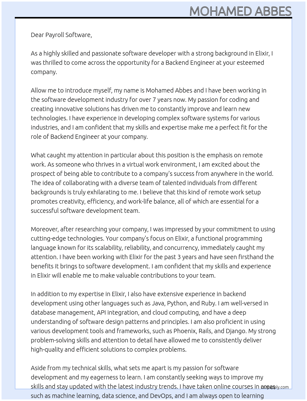 Software developer At Backend Engineer - Elixir Cover Letter