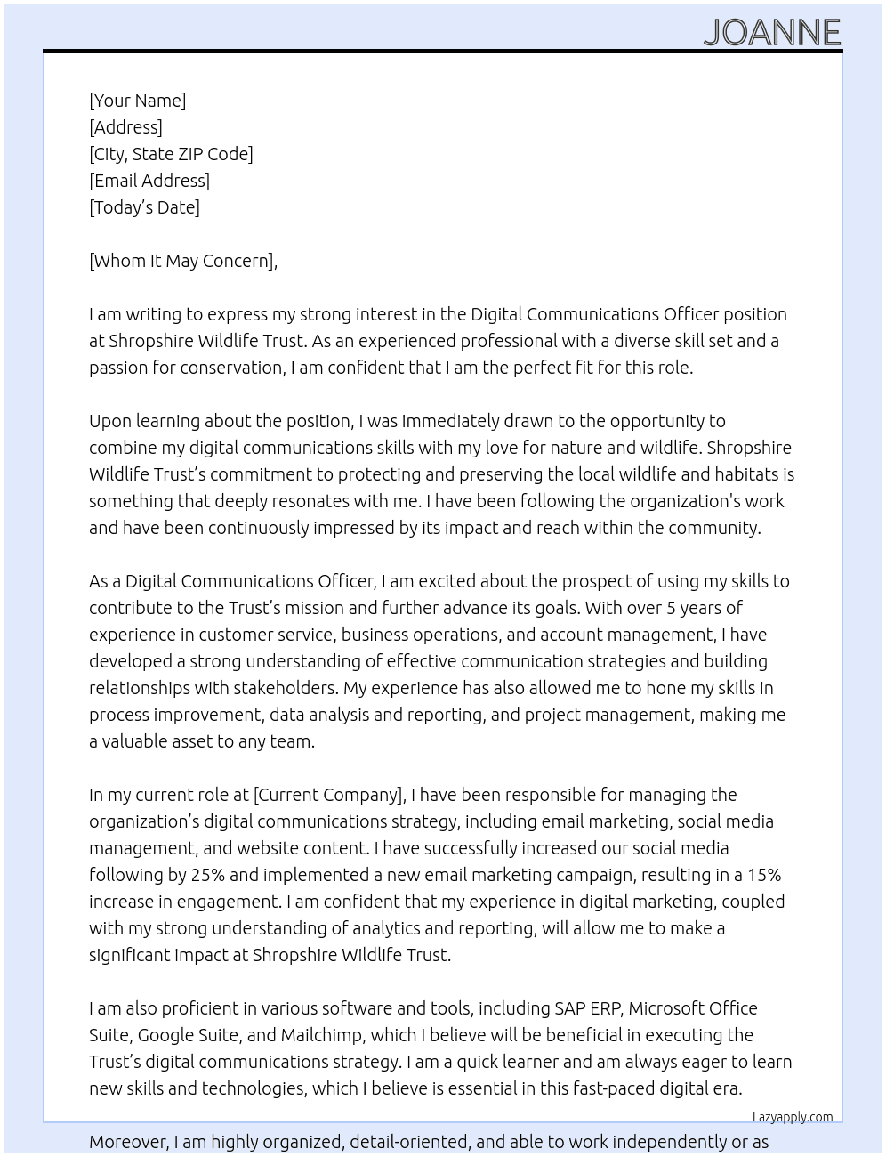 Digital Communications Officer At Shropshire Wildlife Trust Cover Letter