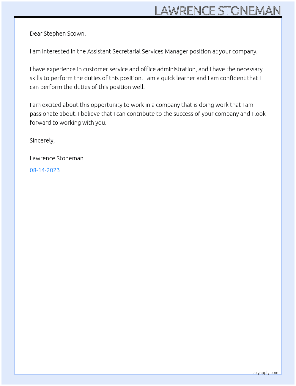 Assistant Secretarial Services Manager At Stephen Scown Cover Letter
