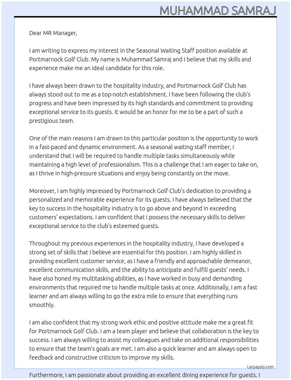 Cover letter for seasonal waiting staff - LazyApply