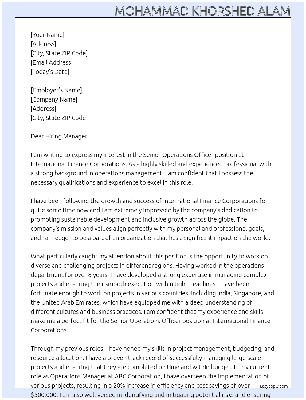 Senior Operations officer At International Finance Corporations Cover Letter