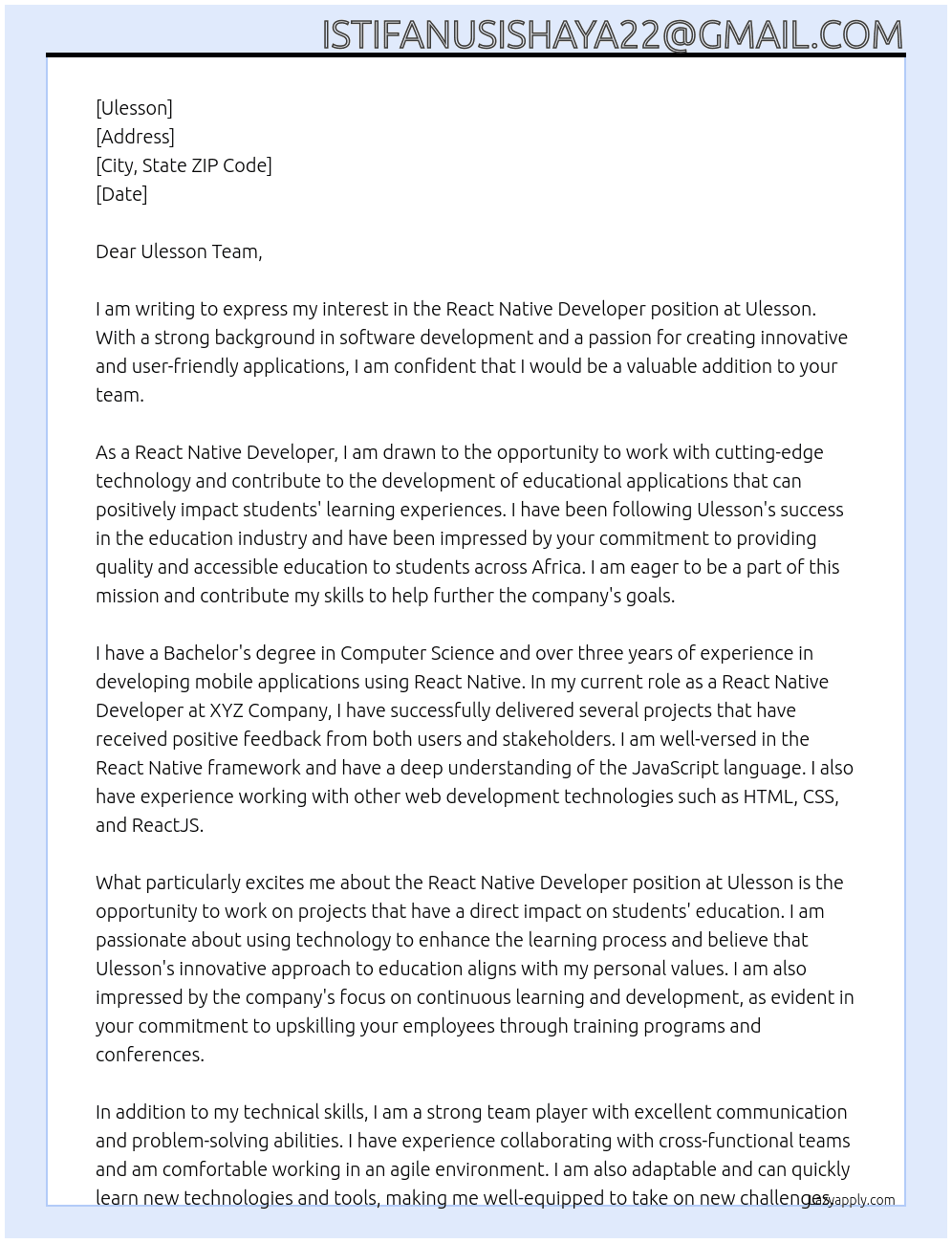 React native developer At Ulesson Cover Letter
