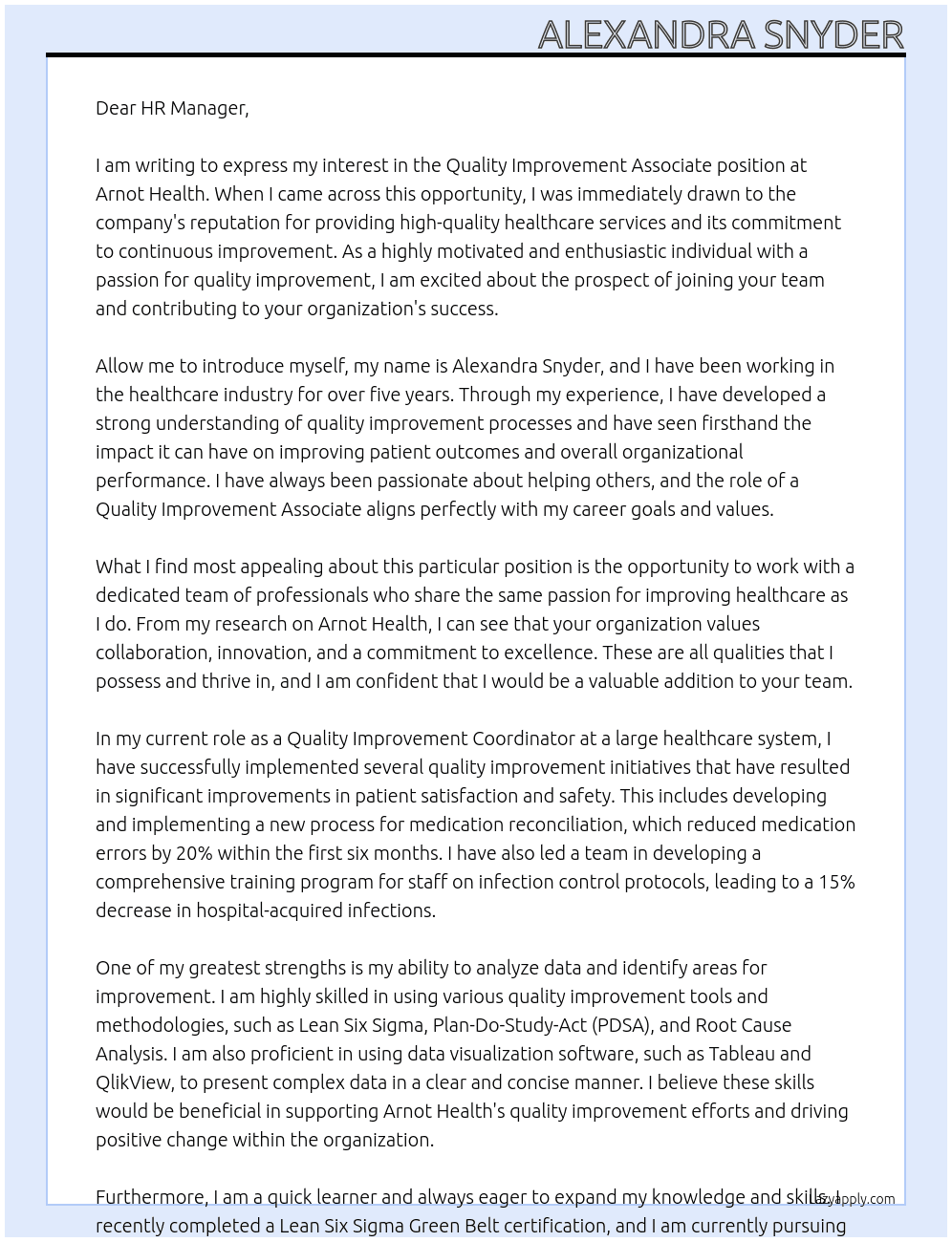 Quality Improvement Associate At Arnot Health Cover Letter