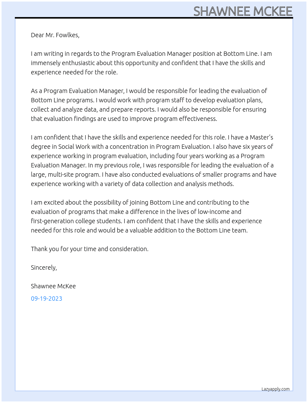 Program Evaluation Manager  At Bottom Line Cover Letter