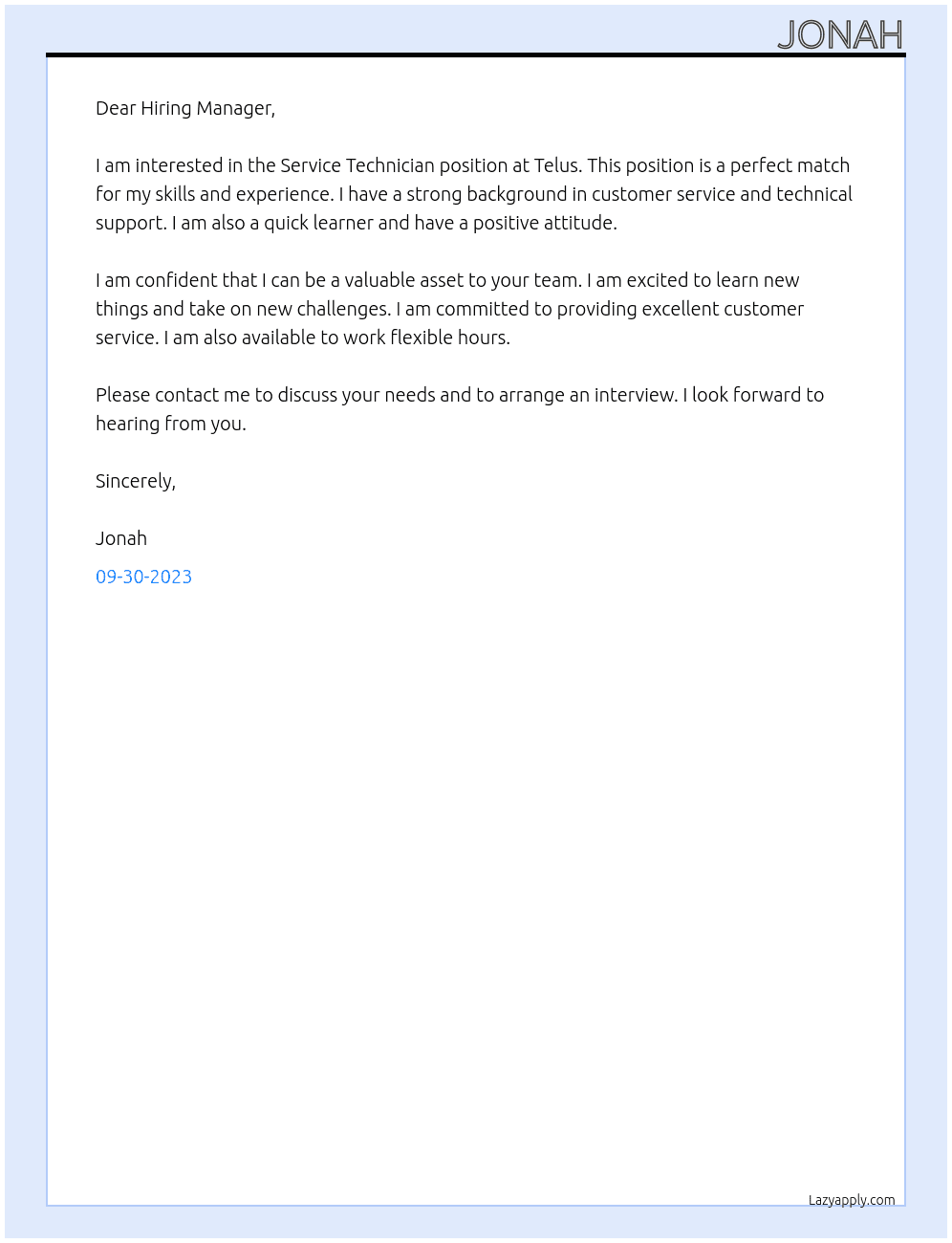 Service Technician At Telus Cover Letter