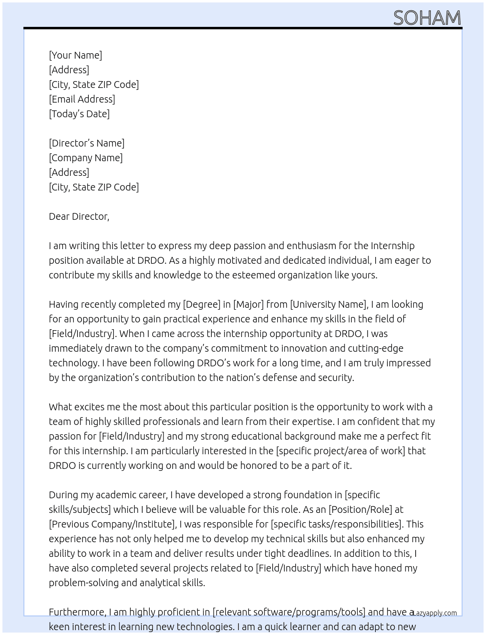 Internship At DRDO Cover Letter