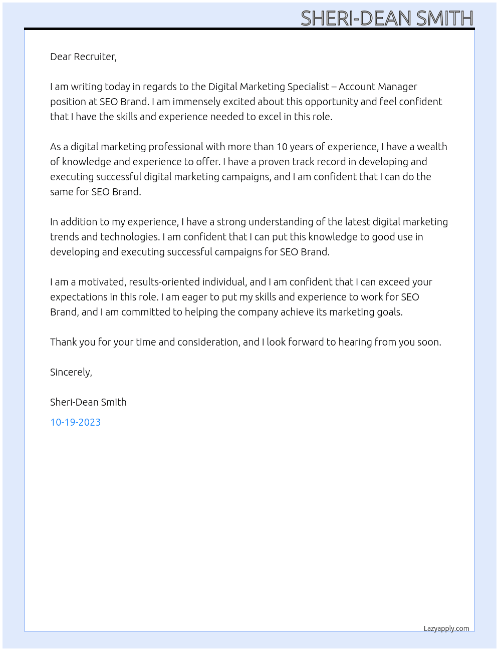 Digital Marketing Specialist – Account Manager At SEO Brand  Cover Letter