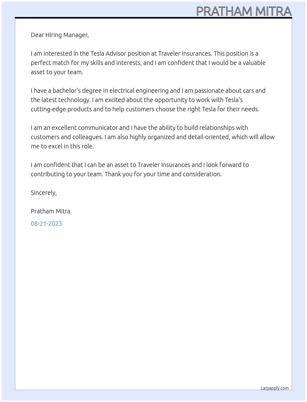 Tesla Advisor At Traveler insurances  Cover Letter