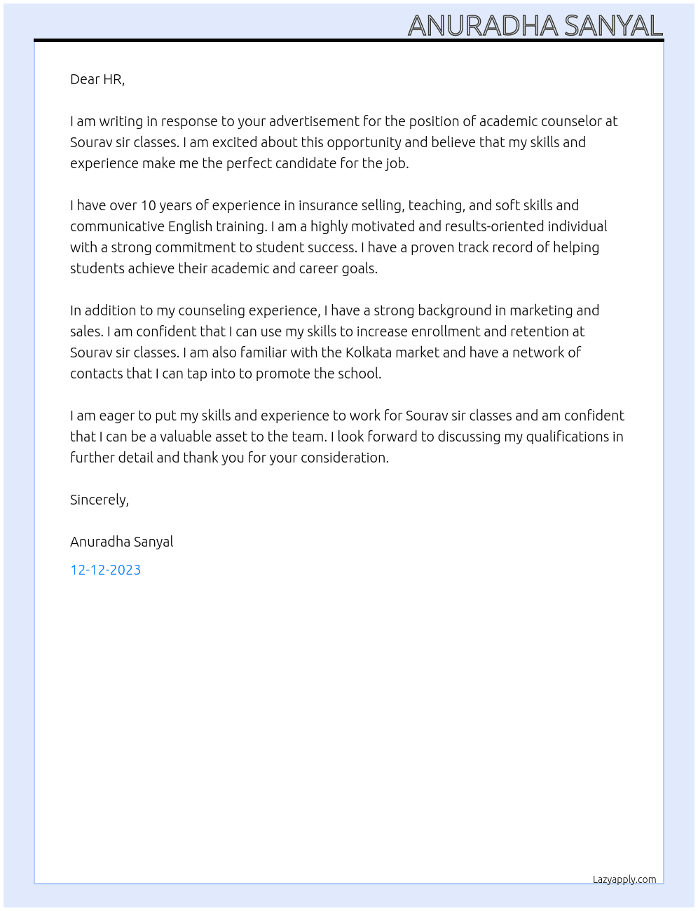 Academic counselor  At Sourav sir classes  Cover Letter