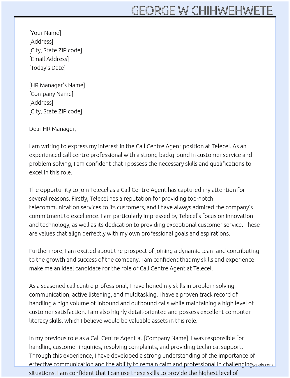 Call centre agent At Telecel Cover Letter